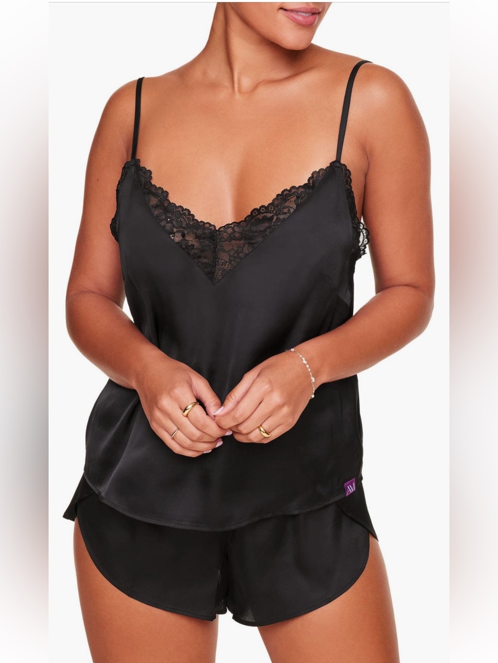 Adore Me Black Lace-Trim Satin Camisole & Short Set. Worn once.